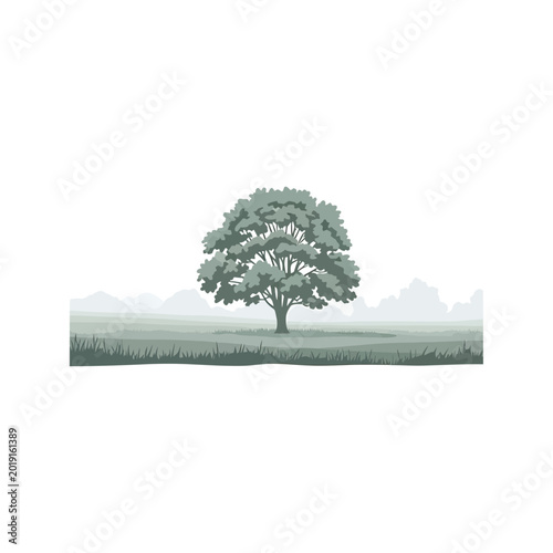 Minimalist green tree standing in a serene grassy field landscape