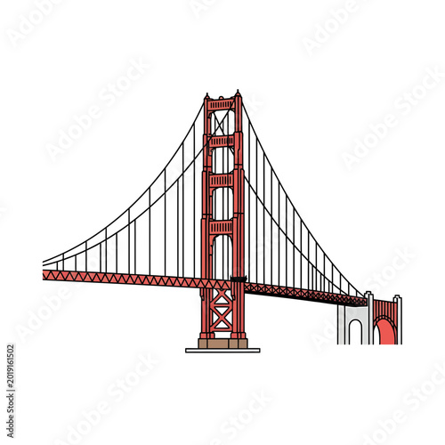 Red suspension bridge landmark icon isolated on white