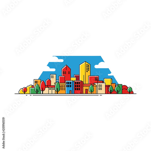 Vibrant Urban Cityscape with Colorful Buildings and Trees