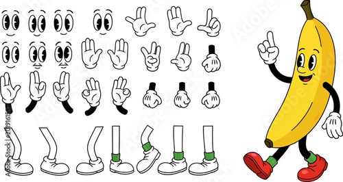 A playful collection of cartoon character elements including a banana figure, diverse facial expressions, hand gestures, and leg stances for animation or illustration.