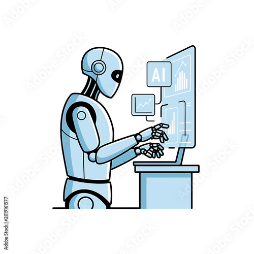 AI robot analyzing digital data charts and graphs on screen
