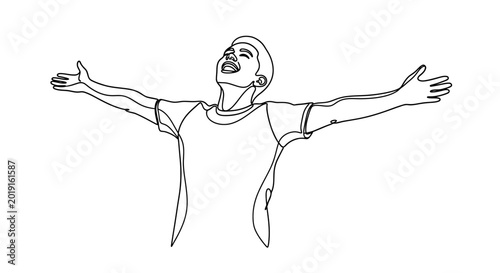 Quadro su tela Man celebrates victory with open arms, line art illustration, joy and success