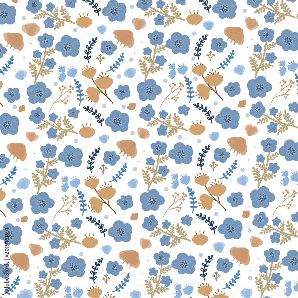Fototapeta premium Seamless Floral Pattern with Blue Flowers and Beige Leaves on Black Background