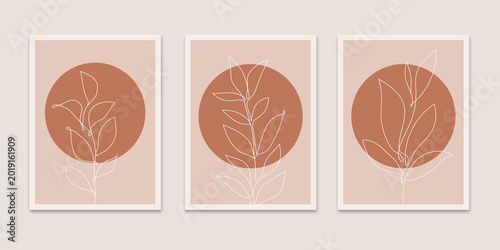 Bild auf Leinwand Triptych set of three vertical wall art prints featuring white minimalist botanical line art of leaves over terracotta circles on a beige background in boho aesthetic style
