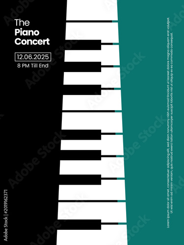 Obraz na płótnie Graphic design for a musical event poster featuring abstract piano keyboard keys in a vertical arrangement against a black white and teal background with typography text