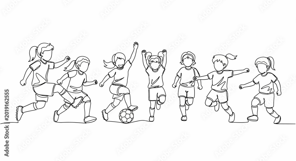 Fototapeta premium Children playing soccer, diverse girls team, active lifestyle, fun and energetic sketch