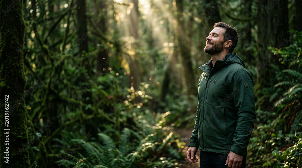 Naklejka premium Man taking a deep breath of fresh morning air in peaceful forest perfect for wellness relaxation and freedom concepts