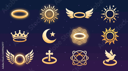 Set of glowing golden angel halo icons with various celestial symbols.