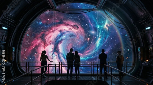 People looking at the amazing Universe from a spaceship window