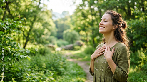 Young woman breathing fresh morning air in peaceful woods perfect for mental health wellness relaxation and freedom content