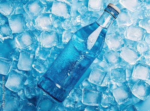 Chilled blue beverage in bottle surrounded by ice
