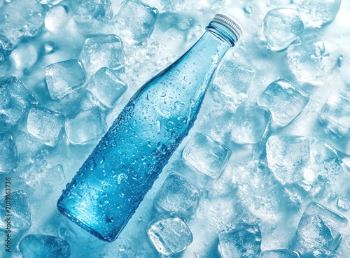 Cool blue bottle surrounded by frosty ice cubes