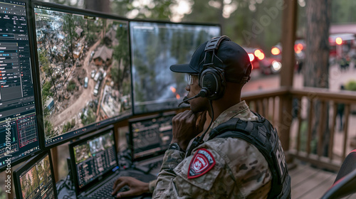Military Personnel Utilizing Advanced Technology in Forest Command Center for Real-Time Surveillance and Emergency Response Coordination