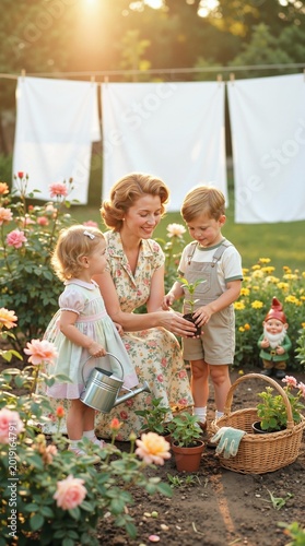 A mother teaches her young son and daughter about planting in a sun-drenched garden, embodying traditional family values and domestic education. tradwife concept. Generative AI.