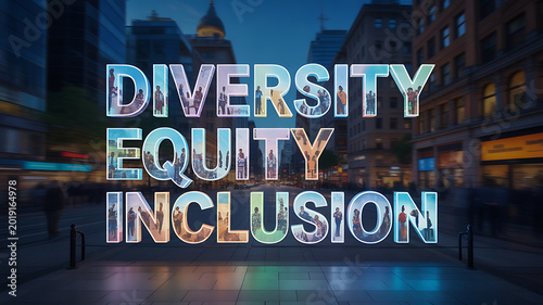 City street with diversity equity inclusion text emphasizing urban lifestyle and city dynamics