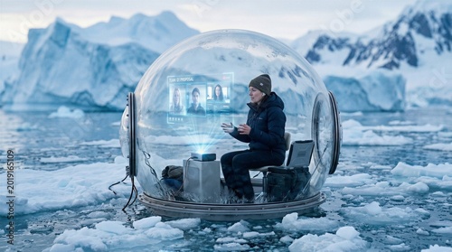 A person working inside a transparent igloo in a icy environment