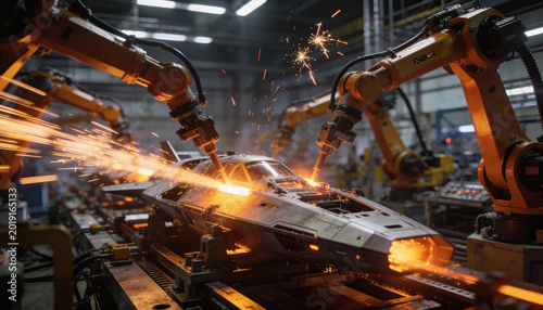 Automated manufacturing process involving robotic arms welding metal parts with sparks. The image captures the essence of modern industrial production and technological advancement