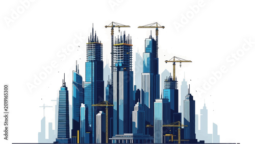 Dynamic City Skyline Construction Site Illustration. Urban Development, High-Rise Buildings, and Tower Cranes Isolated.