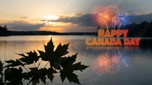Happy canada day with fireworks over a tranquil lake at sunset maple leaves in foreground maple leaf national holiday fireworks landscape celebration patriotic reflection