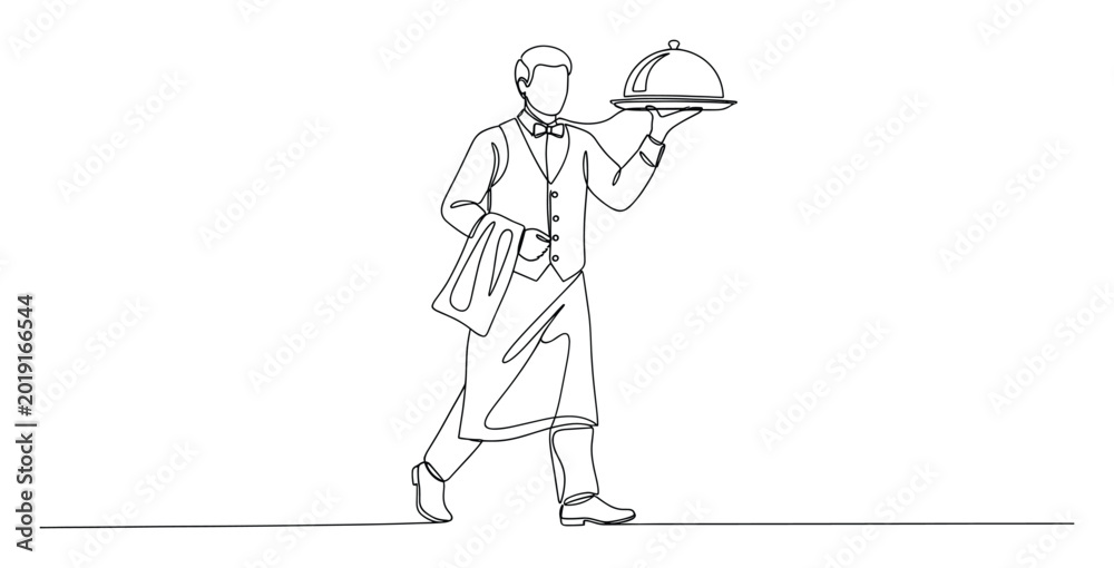 Obraz premium Professional waiter serves gourmet food on cloche tray for upscale restaurant and hotel marketing.
