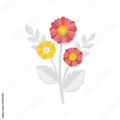 Paper cut flowers with red and yellow petals and white leaves