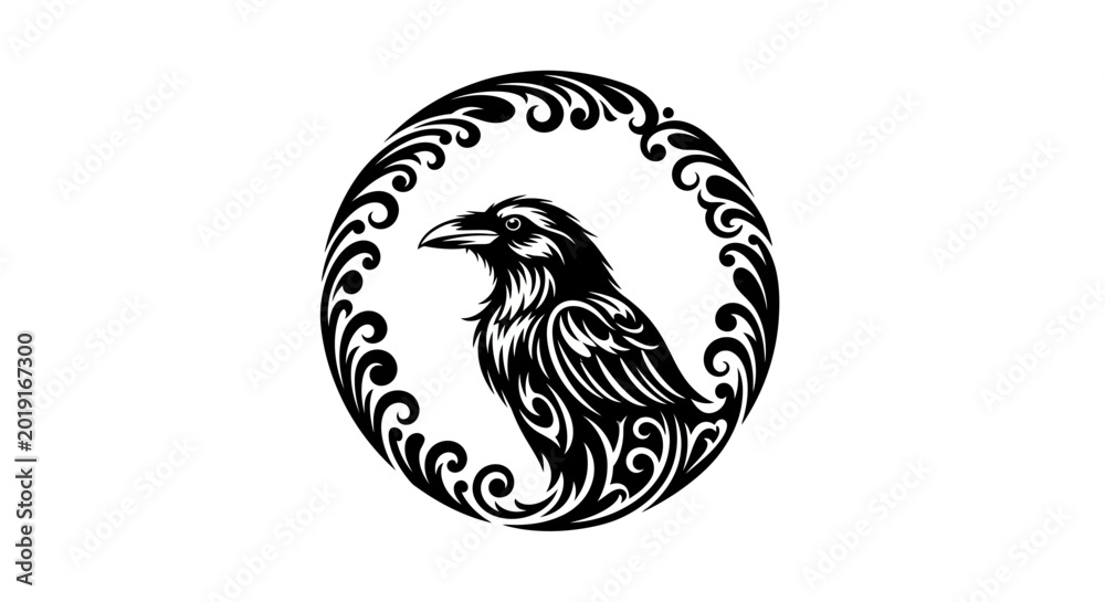 Fototapeta premium A detailed black and white silhouette of a raven within an ornate, circular decorative frame. Ideal for logos, emblems, and gothic-themed designs.