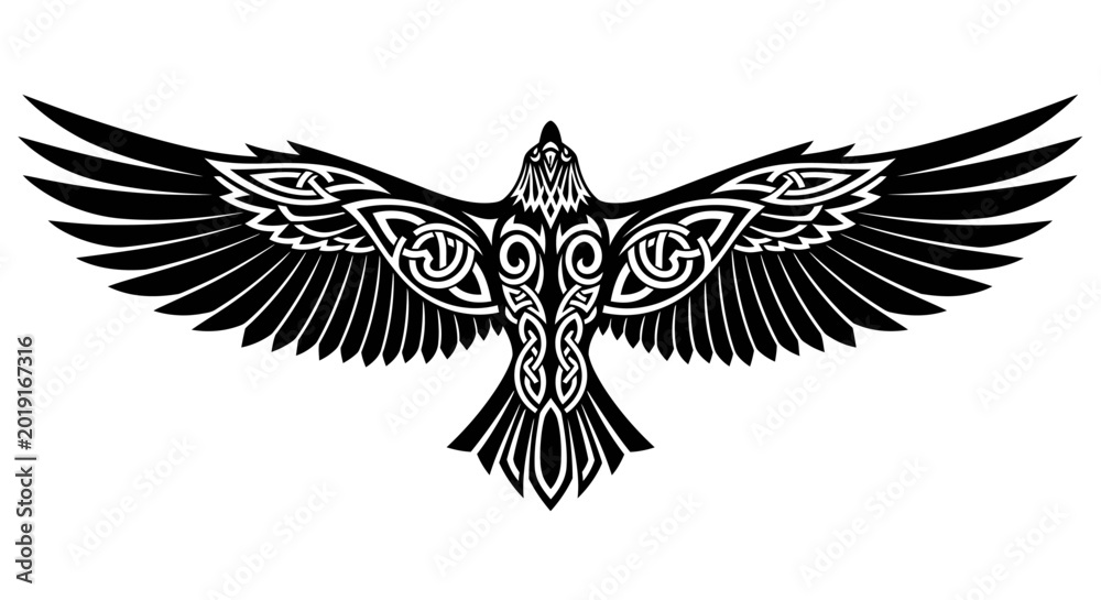 Fototapeta premium Striking black and white illustration of an eagle with intricate tribal and celtic knot details, spread wings, isolated on white.