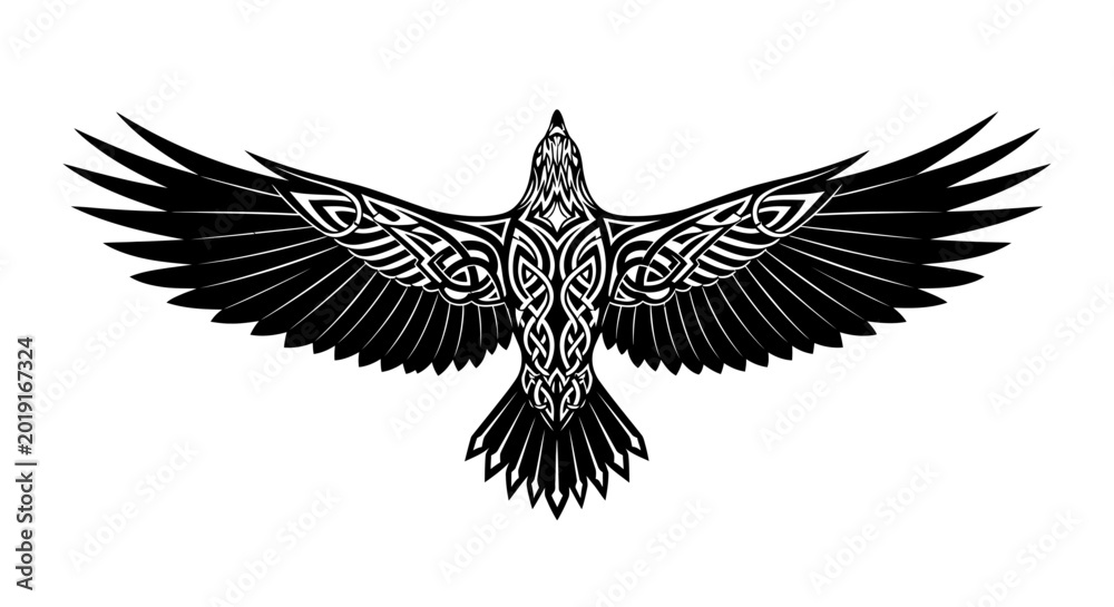 Obraz premium Stylized black raven with intricate knotwork pattern, spread wings, isolated on white background. Mythological bird art.