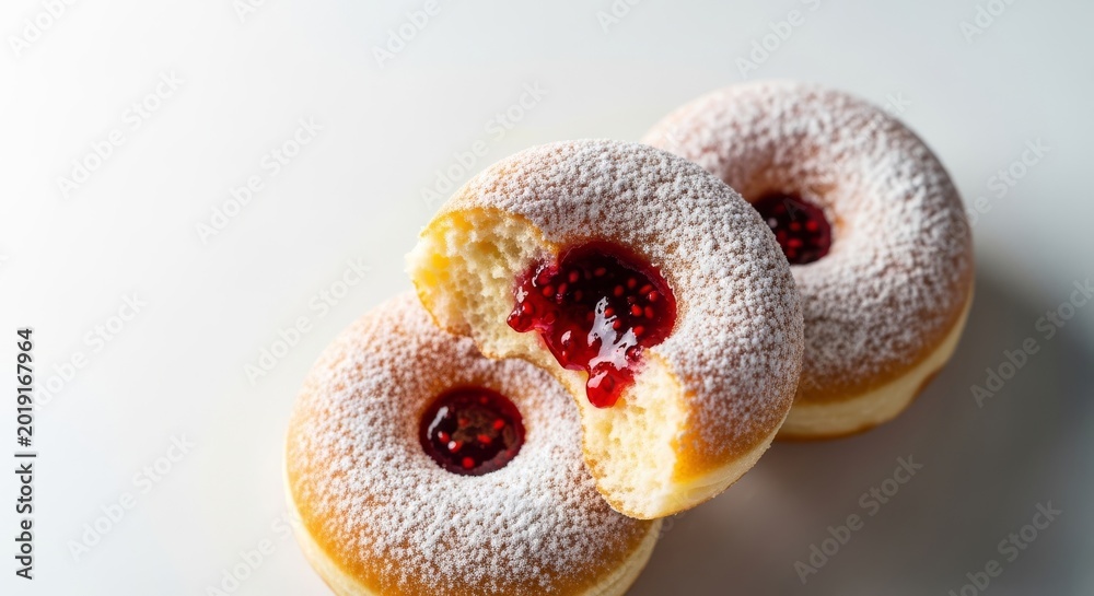 Fototapeta premium A cluster of fresh, golden brown donuts dusted with fine sugar, showcasing a vibrant red berry jam filling inside the fluffy pastry, tasty, fried, cooking