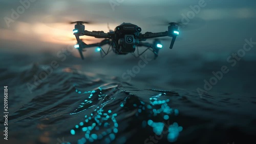 Futuristic drone flying over glowing bioluminescent terrain at dusk.