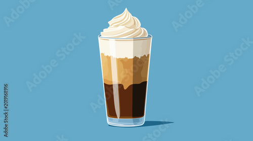 Tall glass of layered coffee with swirling cream against an azure soft backdrop