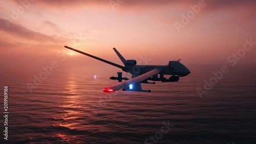 Military drone flying over ocean at sunset with missile launched.
