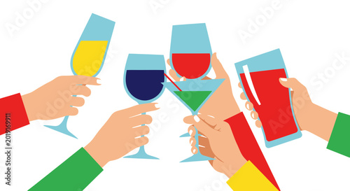Hands holding colorful cocktails and wine glasses, toasting celebration