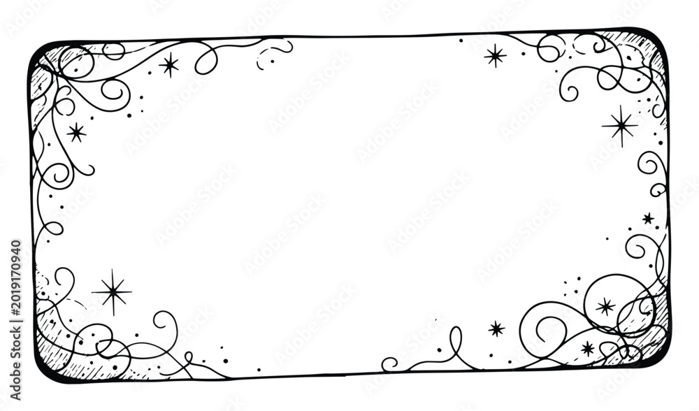 Fototapeta premium Hand drawn decorative frame with curly flourishes dots and stars suitable for invitations and certificates