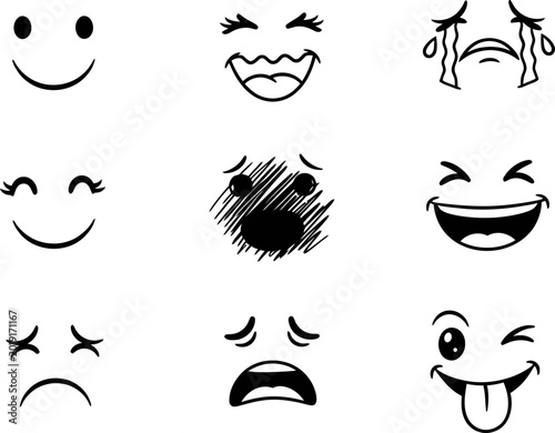 A collection of nine hand-drawn emoticons expressing a variety of emotions from happiness and laughter to sadness and crying. Simple, clean line art on a white background.