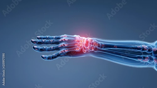 Digital illustration of a human wrist showing bones and joint inflammation.
