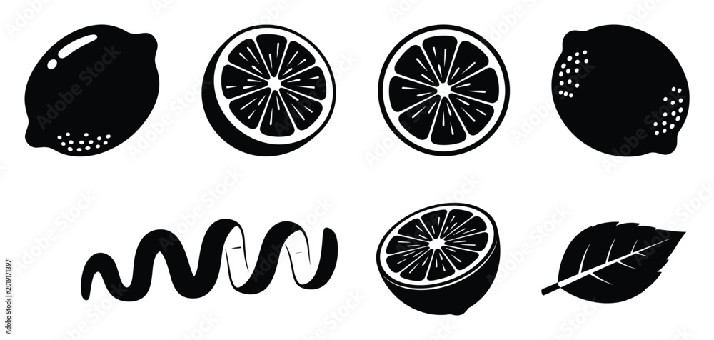 Obraz premium Graphic lemon citrus fruit elements for food drink branding and kitchen decor visuals
