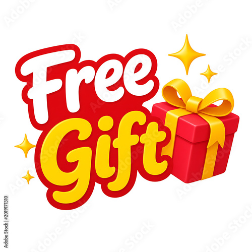Free Gift icon with red present and gold ribbon