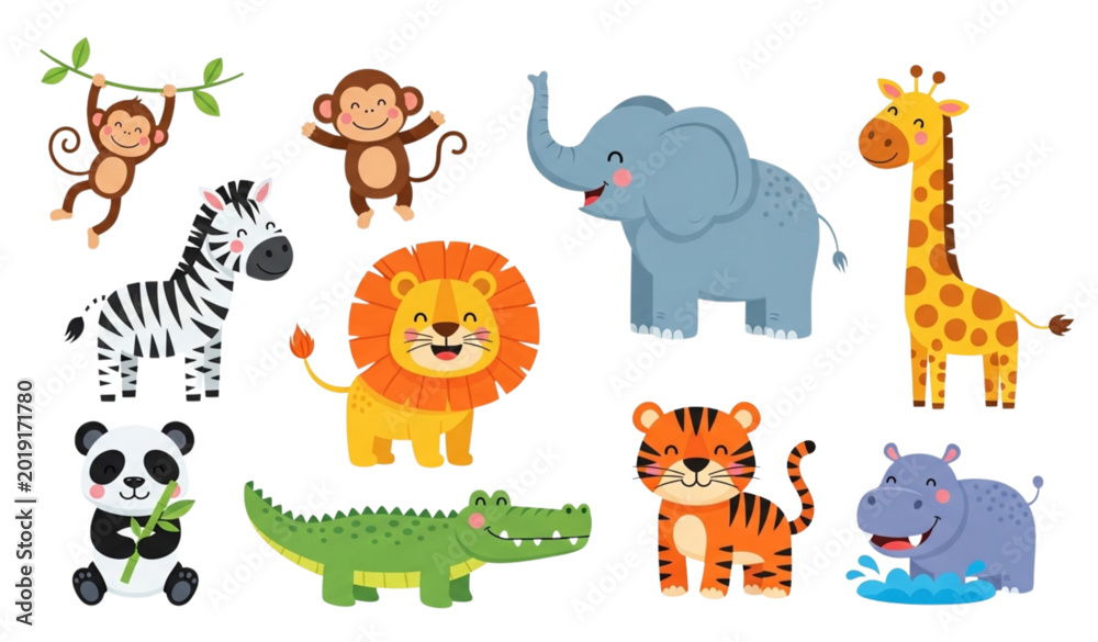Naklejka premium Cartoon safari animals collection monkeys elephant giraffe zebra lion panda crocodile tiger hippo