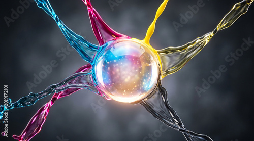 Abstract CMYK Liquid Fusion with Glowing Central Sphere Concept