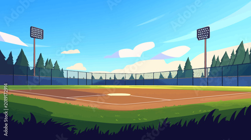 Stylized baseball field with brown dirt, green grass, white base, tall blue fencing