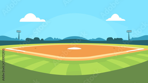 Bright baseball field under a sky with orange infield, green outfield, stands