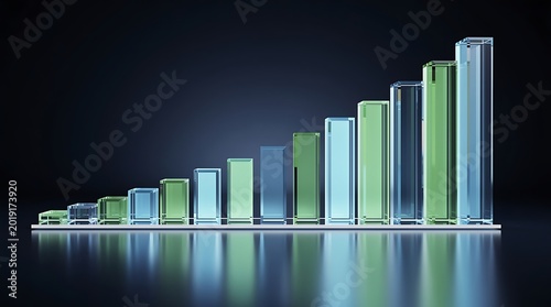 3D bar chart graph with green and blue bars on reflective surface