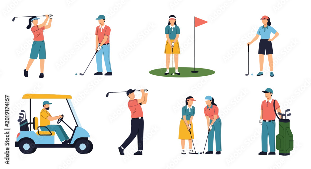 Fototapeta premium Collection of diverse cartoon golfers engaging in various activities on a golf course, including swinging, putting, driving a golf cart, and standing with clubs.