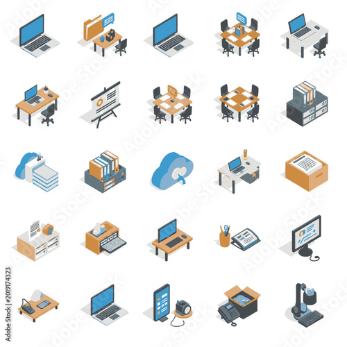 Isometric icons representing office supplies, technology, and business concepts for digital use.