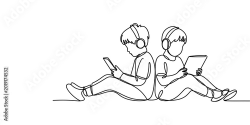 Foto Two children sitting back to back wearing headphones and looking at tablets Vect