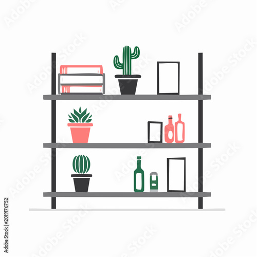 Minimalist Shelf with Plants, Books, and Bottles