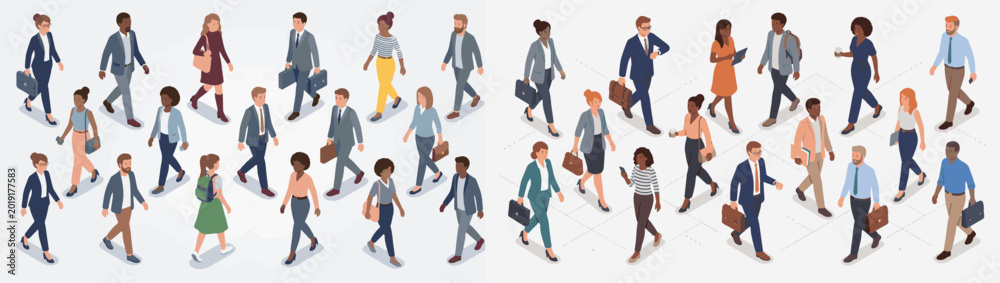 Fototapeta premium Diverse group of professionals walking in isometric view, representing business and collaboration