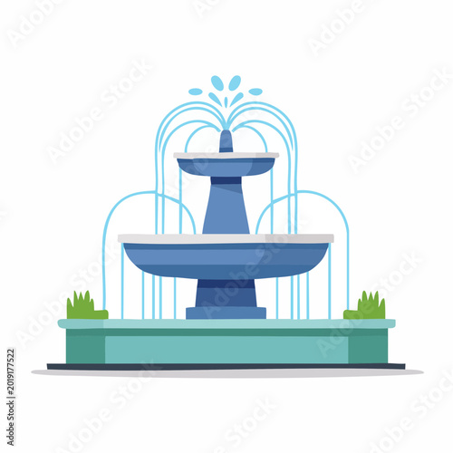 Blue tiered fountain with water jets and grass