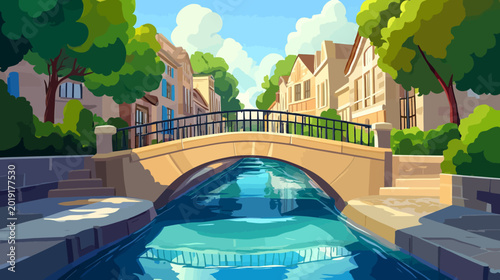 Bright canal scene creates an arched stone bridge, trees, and pastel city houses